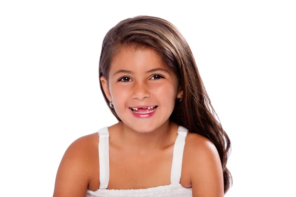 Ładna dziewczyna uśmiechając się brakujących zębów — Zdjęcie stockowe