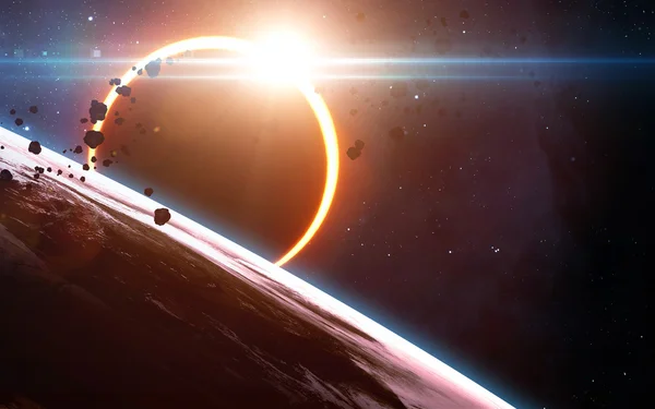 Arka plan bilimsel - parlayan alanı, güneş tutulması, Bulutsusu ve yıldızlar Dünya gezegeni. Nasa tarafından döşenmiş bu görüntü unsurları