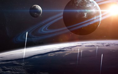Uzayda gezegenlerin, yıldızların ve galaksilerin olduğu evren sahnesi uzay keşiflerinin güzelliğini gösteriyor. NASA tarafından döşenmiş elementler