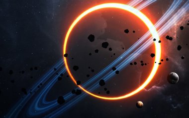 Uzayda gezegenlerin, yıldızların ve galaksilerin olduğu evren sahnesi uzay keşiflerinin güzelliğini gösteriyor. NASA tarafından döşenmiş elementler