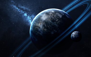 Uzayda gezegenlerin, yıldızların ve galaksilerin olduğu evren sahnesi uzay keşiflerinin güzelliğini gösteriyor. NASA tarafından döşenmiş elementler