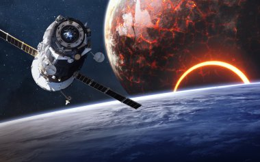 Uzayda gezegenlerin, yıldızların ve galaksilerin olduğu evren sahnesi uzay keşiflerinin güzelliğini gösteriyor. NASA tarafından döşenmiş elementler