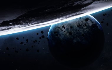 Uzayda gezegenlerin, yıldızların ve galaksilerin olduğu evren sahnesi uzay keşiflerinin güzelliğini gösteriyor. NASA tarafından döşenmiş elementler
