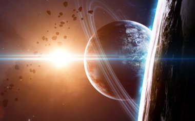 Uzayda gezegenlerin, yıldızların ve galaksilerin olduğu evren sahnesi uzay keşiflerinin güzelliğini gösteriyor. NASA tarafından döşenmiş elementler
