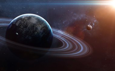 Uzayda gezegenlerin, yıldızların ve galaksilerin olduğu evren sahnesi uzay keşiflerinin güzelliğini gösteriyor. NASA tarafından döşenmiş elementler
