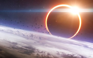Uzayda gezegenlerin, yıldızların ve galaksilerin olduğu evren sahnesi uzay keşiflerinin güzelliğini gösteriyor. NASA tarafından döşenmiş elementler