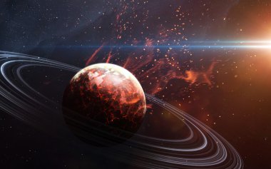 Uzayda gezegenlerin, yıldızların ve galaksilerin olduğu evren sahnesi uzay keşiflerinin güzelliğini gösteriyor. NASA tarafından döşenmiş elementler