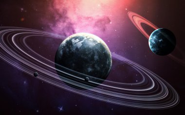 Uzayda gezegenlerin, yıldızların ve galaksilerin olduğu evren sahnesi uzay keşiflerinin güzelliğini gösteriyor. NASA tarafından döşenmiş elementler