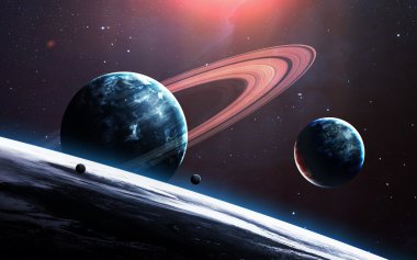 Uzayda gezegenlerin, yıldızların ve galaksilerin olduğu evren sahnesi uzay keşiflerinin güzelliğini gösteriyor. NASA tarafından döşenmiş elementler