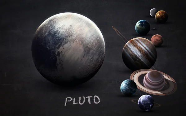 Pluton - Les images haute résolution présentent les planètes du système solaire sur un tableau. Cet élément d'image fourni par la NASA — Photo