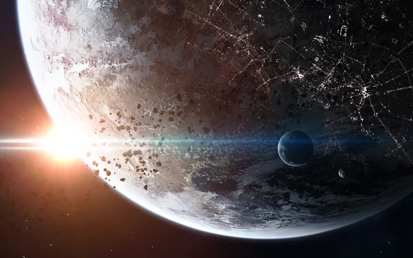 Absztrakt tudományos háttér - izzó bolygó az űrben, köd és csillagok. A kép elemeit a NASA bocsátotta rendelkezésre — Stock Fotó