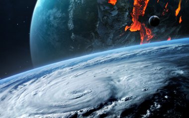 Uzayda gezegenlerin, yıldızların ve galaksilerin olduğu evren sahnesi uzay keşiflerinin güzelliğini gösteriyor. NASA tarafından döşenmiş elementler
