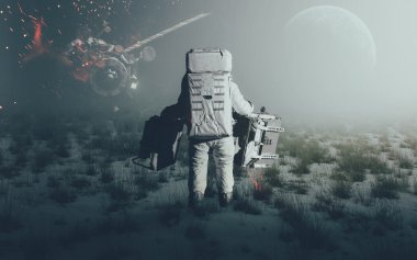 Keşfedilmemiş bir gezegende yürüyen astronot. Nasa tarafından döşenmiş unsurlar