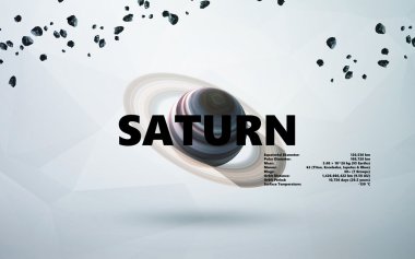 Satürn. Güneş sistemindeki minimalist tarzdaki gezegenler. Nasa tarafından döşenmiş bu görüntünün elemanları