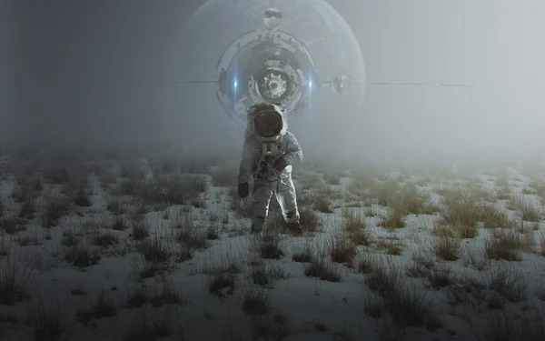 Űrhajós Walking egy ismeretlen bolygón. Elemek által szolgáltatott NASA — Stock Fotó