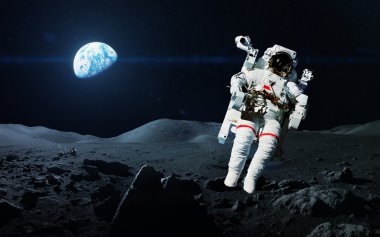 Cesur astronot, Ay'da uzay yürüyüşü. NASA tarafından döşenmiş bu görüntü öğelerini