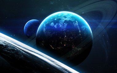 Uzayda gezegenlerin, yıldızların ve galaksilerin olduğu evren sahnesi uzay keşiflerinin güzelliğini gösteriyor. NASA tarafından döşenmiş elementler