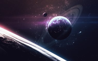 Uzayda gezegenlerin, yıldızların ve galaksilerin olduğu evren sahnesi uzay keşiflerinin güzelliğini gösteriyor. NASA tarafından döşenmiş elementler