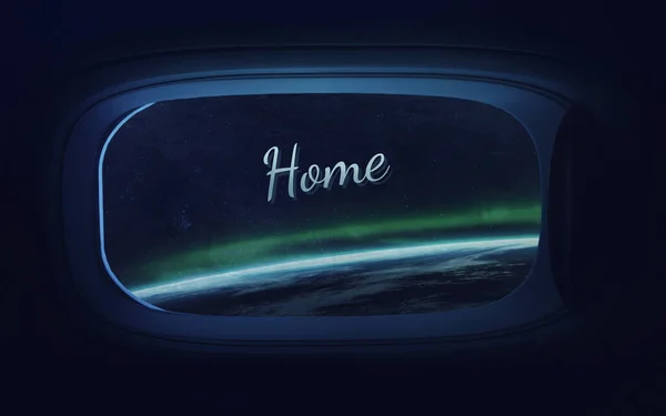 宇宙船の窓の穴の中の地球惑星。NASAによって提供されたこの画像の要素 — ストック写真