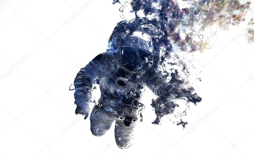 Modern space art. Astronaut at spacewalk. Dust of universe, smoke, isolated on clear white background. Elements furnished by NASA