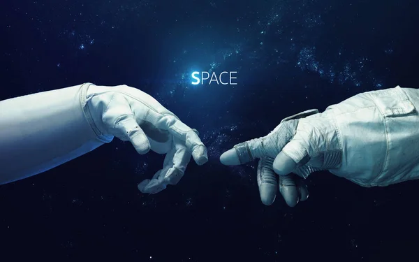 Michelangelo Gods touch. Primer plano de manos humanas tocando con los dedos en el espacio. Elementos de esta imagen proporcionados por la NASA — Foto de Stock