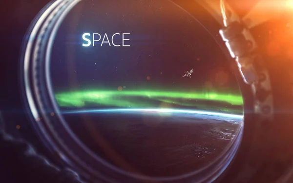 Planète terrestre dans un hublot de fenêtre de vaisseau spatial. Éléments de cette image fournis par la NASA — Photo