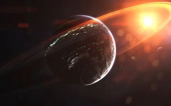 Светящиеся кольца газового гиганта, потрясающие обои научной фантастики, космический пейзаж. Элементы этого изображения предоставлены НАСА — стоковое фото