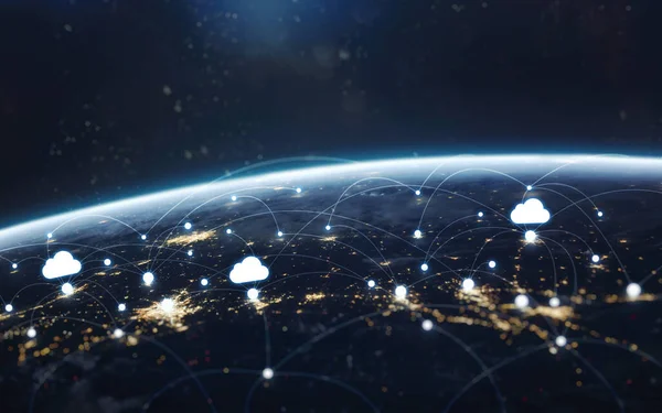 Výměna dat a globální síť po celém světě. Země v noci, městská světla z oběžné dráhy. Prvky tohoto snímku poskytla NASA — Stock fotografie