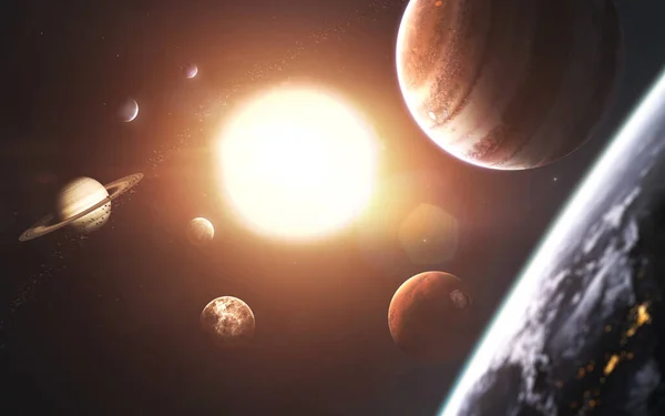 Solsystemets planeter, Jorden, Mars, Jupiter och andra. Fantastisk detaljerad visualisering. Delar av denna bild tillhandahålls av NASA — Stockfoto