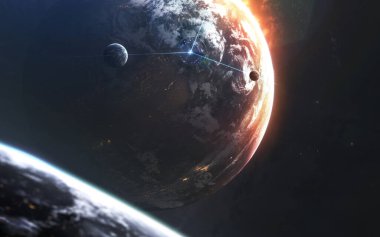 Parlayan gezegen, muhteşem bilim kurgu duvar kağıdı, kozmik manzara. Bu görüntünün elementleri NASA tarafından desteklenmektedir