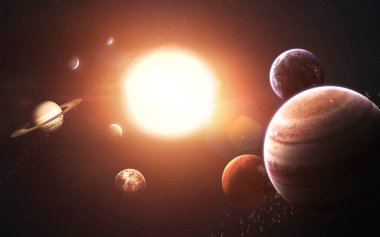 Güneş sistemi gezegenleri, Dünya, Mars, Jüpiter ve diğerleri. Müthiş detaylı görselleştirme. Bu görüntünün elementleri NASA tarafından desteklenmektedir