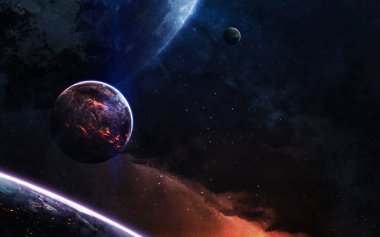 Gerçekçi gezegenlerle dolu derin uzay manzarası. Bu görüntünün elementleri NASA tarafından desteklenmektedir