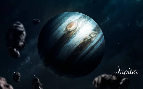 Det är Jupiter. Fantastiska planeter av hög kvalitet i solsystemet. Perfekt vetenskapsbild i 5K. Delar av denna bild tillhandahålls av NASA — Stockfoto