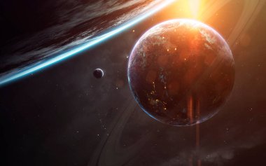 Bilim kurgu duvar kağıdı. Gezegen sistemi Dünya 'dan binlerce ışık yılı uzakta. Bu görüntünün elementleri NASA tarafından desteklenmektedir