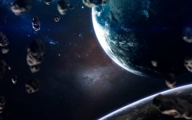 Gezegenler, parlayan yıldızlar ve asteroitler. Derin uzay görüntüsü, yüksek çözünürlüklü bilim kurgu fantezisi duvar kağıdı ve baskı için idealdir. Bu görüntünün elementleri NASA tarafından desteklenmektedir