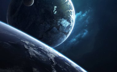 Bilim kurgu duvar kağıdı. Gezegen sistemi Dünya 'dan binlerce ışık yılı uzakta. Bu görüntünün elementleri NASA tarafından desteklenmektedir