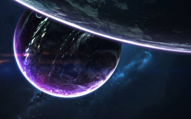 Bilim kurgu uzayı görselleştirme. Gezegen sistemi Dünya 'dan binlerce ışık yılı uzakta. Bu görüntünün elementleri NASA tarafından desteklenmektedir