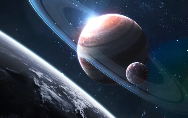 Газовый гигант со спутником, потрясающие обои научной фантастики, космический ландшафт. Элементы этого изображения предоставлены НАСА — стоковое фото