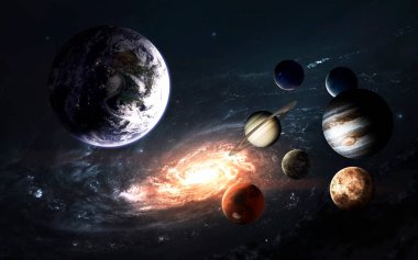 Güneş sistemi gezegenleri ve Samanyolu, muhteşem bilim kurgu duvar kağıdı. Bu görüntünün elementleri NASA tarafından desteklenmektedir