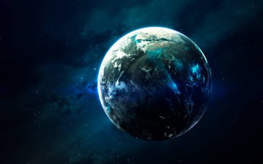 Bilim kurgu uzayı görselleştirme. Gezegen sistemi Dünya 'dan binlerce ışık yılı uzakta. Bu görüntünün elementleri NASA tarafından desteklenmektedir