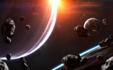 Derin uzay. Bilim kurgu duvar kağıdı, gezegenler, yıldızlar, galaksiler ve nebulalar muhteşem kozmik görüntüde. Bu görüntünün elementleri NASA tarafından desteklenmektedir