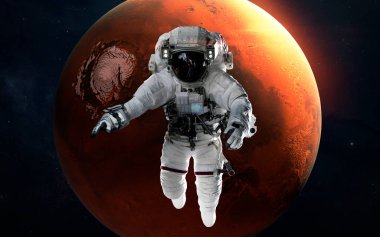 Gezegen önünde astronotla Mars. Güneş sistemi. Bu görüntünün elementleri NASA tarafından desteklenmektedir