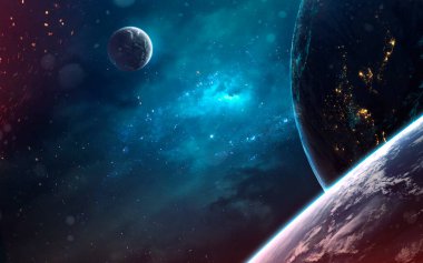 Gezegenler ve yıldız tozu bulutları. Derin uzay görüntüsü, yüksek çözünürlüklü bilim kurgu fantezisi duvar kağıdı ve baskı için idealdir. Bu görüntünün elementleri NASA tarafından desteklenmektedir