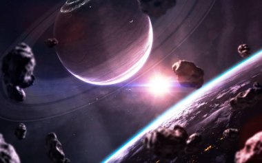 Derin uzay. Bilim kurgu duvar kağıdı, gezegenler, yıldızlar, galaksiler ve nebulalar muhteşem kozmik görüntüde. Bu görüntünün elementleri NASA tarafından desteklenmektedir