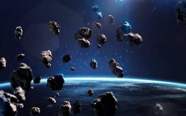 Göktaşları Dünya yakınlarında. Göktaşları gezegenin yörüngesindeler. Derin uzay görüntüsü, yüksek çözünürlüklü bilim kurgu fantezisi duvar kağıdı ve baskı için idealdir. Bu görüntünün elementleri NASA tarafından desteklenmektedir