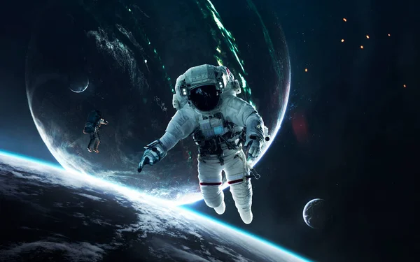 Űrhajósok, gyönyörű sci-fi tapéta végtelen mély űrrel. A kép elemeit a NASA bocsátotta rendelkezésre — Stock Fotó