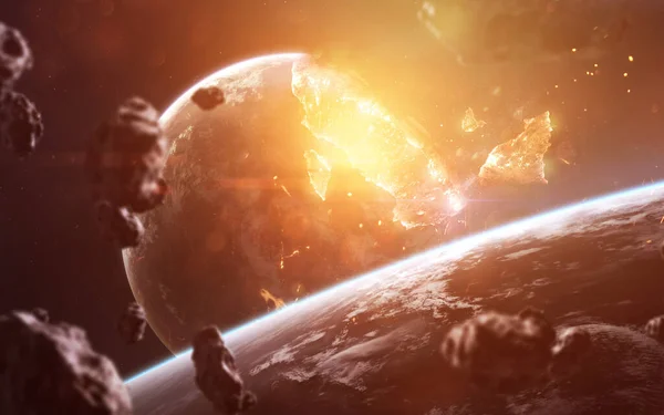 Explosión planetaria. Apocalipsis en el espacio, destruyendo el objeto cósmico. Elementos de esta imagen proporcionados por la NASA — Foto de Stock