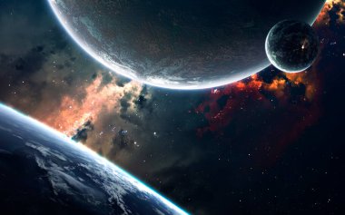 Bilim kurgu uzayı görselleştirme. Gezegen sistemi Dünya 'dan binlerce ışık yılı uzakta. Bu görüntünün elementleri NASA tarafından desteklenmektedir