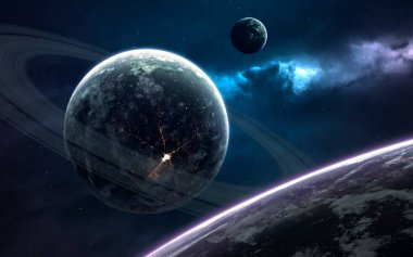 Halkalı gezegen. Derin uzay görüntüsü, yüksek çözünürlüklü bilim kurgu fantezisi duvar kağıdı ve baskı için idealdir. Bu görüntünün elementleri NASA tarafından desteklenmektedir