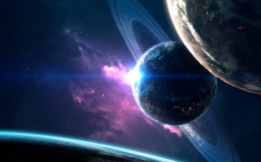 Gezegenler ve yıldız tozu bulutları. Derin uzay görüntüsü, yüksek çözünürlüklü bilim kurgu fantezisi duvar kağıdı ve baskı için idealdir. Bu görüntünün elementleri NASA tarafından desteklenmektedir